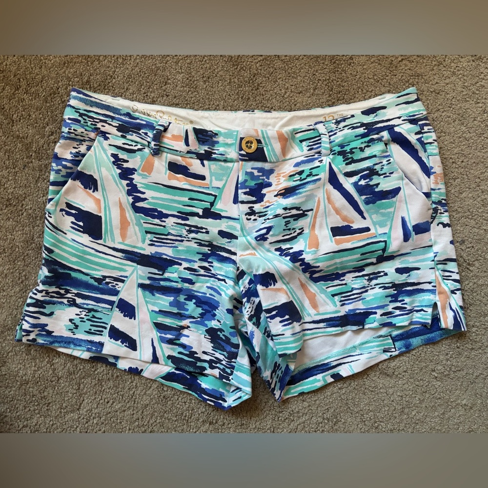🎉🌈 VGUC Lilly Pulitzer Callahan Stretch Short Size 12 Navy Turquoise White Tan